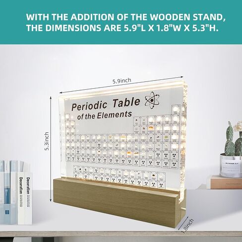Periodic Table with Real Elements Inside with LED Wooden Stand and Magnifying Glass, Craft Decor, Science Creative Gift for Teachers Parents Friends and Students in Saudi Arabia