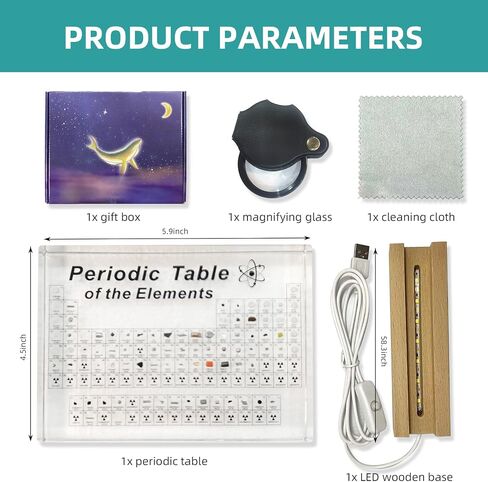Periodic Table with Real Elements Inside with LED Wooden Stand and Magnifying Glass, Craft Decor, Science Creative Gift for Teachers Parents Friends and Students in Saudi Arabia