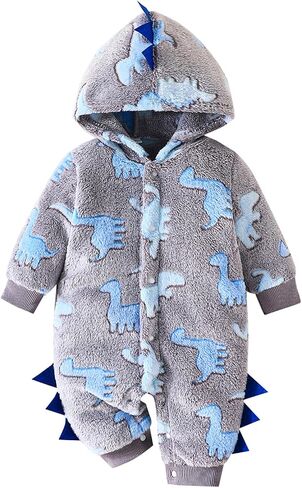 Baby Boys Dinosaur Outfit Fleece Bodysuit Infant One Piece Hooded Button Romper Outerwear Jumpsuit Toddler Jackets in Kuwait