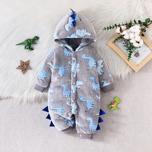 Baby Boys Dinosaur Outfit Fleece Bodysuit Infant One Piece Hooded Button Romper Outerwear Jumpsuit Toddler Jackets in Kuwait