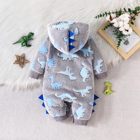 Baby Boys Dinosaur Outfit Fleece Bodysuit Infant One Piece Hooded Button Romper Outerwear Jumpsuit Toddler Jackets in Kuwait