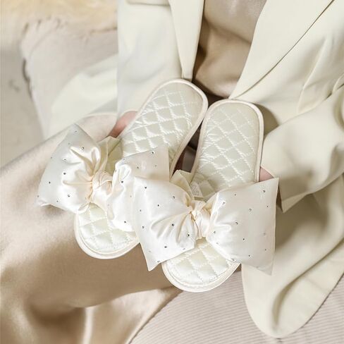Women's Satin Slippers Soft Cozy House Slippers Comfy Open Toe Non-slip Sole Breathable Bowknot Design, Black, TX32109 in Saudi Arabia