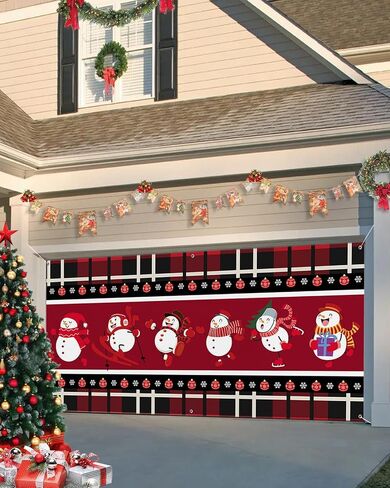 Christmas Garage Door Banner Cover 7 x 16 ft, Christmas Snowman Xmas Tree Red Black Buffalo Plaid Christmas Garage Door Decorations Holiday Christmas Backdrop Decor for Winter New Year Xmas Party in Kuwait