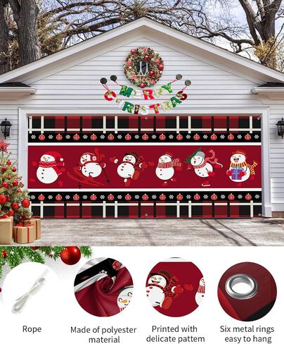 Christmas Garage Door Banner Cover 7 x 16 ft, Christmas Snowman Xmas Tree Red Black Buffalo Plaid Christmas Garage Door Decorations Holiday Christmas Backdrop Decor for Winter New Year Xmas Party in Kuwait