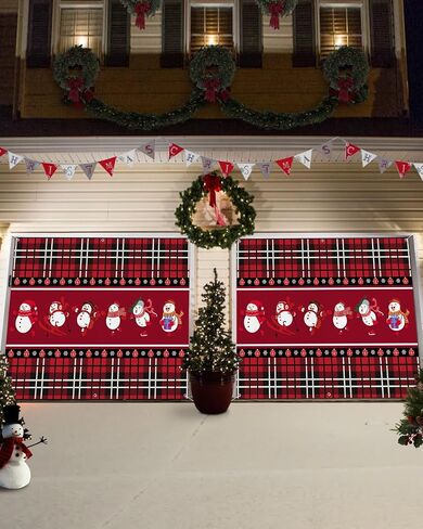 Christmas Garage Door Banner Cover 7 x 16 ft, Christmas Snowman Xmas Tree Red Black Buffalo Plaid Christmas Garage Door Decorations Holiday Christmas Backdrop Decor for Winter New Year Xmas Party in Kuwait