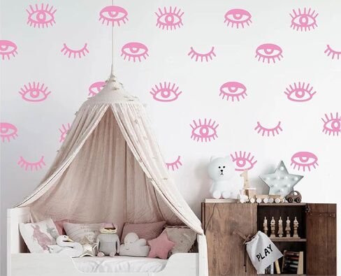 44pcs Eye Pattern Sticker for Girl's Bedroom Eyelash Decals Modern Wall Sicker Baby Girl Removable Wall Decor SK018 (Pink) in Kuwait