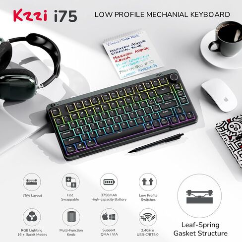 i75 Low Profile Mechanical Keyboard with Volume Knob, 75% Wireless Keyboard Tri-Mode BT/2.4G/Wired Gaming Keyboard Hot Swappable RGB Backlit, Gasket Mount Structure, Linear Red Switch-White in Saudi Arabia