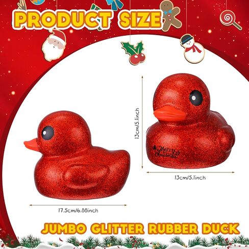 Honoson 6.89 Inch Christmas Giant Red Rubber Duck Merry Christmas Big Rubber Ducky Large Sparkly Duck Bath Toy with Squeaky Sound for Xmas Baby Shower Birthday Party Favor Gift (Glitter) in Saudi Arabia