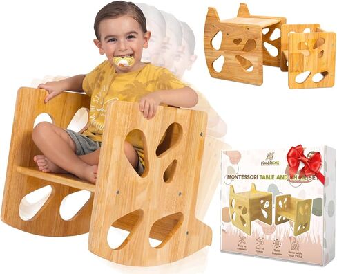 Montessori Weaning Table and Chair Set - Multi-Functional Table and Chair Set for Toddlers 1-3, Wooden Toddler Desk and Chair Set Up to 4 Years Old - Convertible to Rocking Balance Chair in Saudi Arabia
