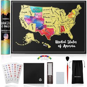 TRAVELISIMO Scratch Off Map of United States, 12x17 inches USA Travel Map Scratch Off, Set with 25 Unique Scratch Map Accessories, Colorful USA Maps for Travel Lovers & Couples