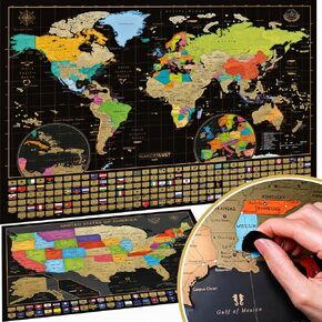 Two Scratch Off Maps - Map of the World (Large) + US States Map (Small) - Deluxe Scratch-Off Travel Posters for Adults, Kids - Made in Europe