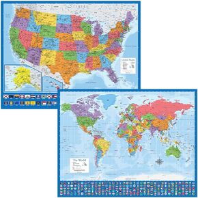 2 Pack - Giant World Map & US Map Poster Set - Extra Large Mega Chart of the World & United States - Laminated - 46" x 60" [Blue]