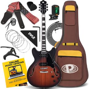 Pyle Semi Hollow Body Electric Guitar Set, 41.8" Full Size Jazz Instrument Kit w/ Gig Bag, Matte & Sunburst Finish