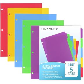3 Sets Colorful Binder Dividers with Tabs,Plastic Index with 5 Tabs,for 3 Ring Binder