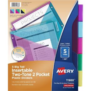 Avery Big Tab Insertable Plastic 2 Pocket Dividers for 3 Ring Binders, 5 Tab Set, Bright Two-Tone Multicolor, Works with Sheet Protectors, 1 Set (00031)
