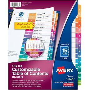 Avery 15 Tab Dividers for 3 Ring Binders, Customizable Table of Contents, Multicolor Tabs, 6 Sets (11197)