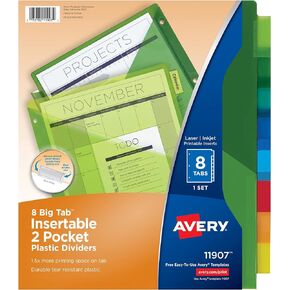 Avery Dividers for 3 Ring Binders, 8-Tab Binder Dividers, Two-Pocket Plastic Binder Dividers, Insertable Big Tabs, Multicolor, 3 Sets (71907)