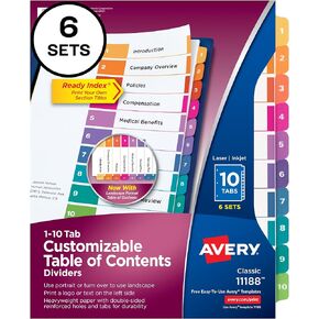 Avery 12 Tab Dividers for 3 Ring Binders, Customizable Table of Contents, Multicolor Tabs, 6 Sets (11196)