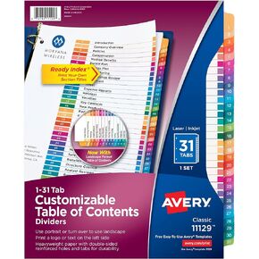 Avery 1-31 Tab Dividers for 3 Ring Binders, Customizable Table of Contents, Multicolor Tabs, 1 Set (11129)