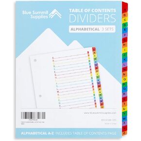 Blue Summit Supplies Alphabet Binder Tab Dividers for 3 Ring Binder or Notebook, A to Z Dividers with Multicolor Alphabetical Tabs, Includes Customizable Table of Contents Index, 3 Sets