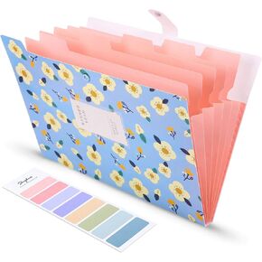 SKYDUE Expanding File Folder with 5 Pockets, Floral Accordion File Organizer for Important Document，Portable Receipt Paper Organizer，School Office Supplies,Blue