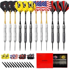 Steel Tip Darts Set, 12 Pack 24 Grams Professional Metal Dart Set with 20 Flights(4 Style) + 12 Aluminium Shaft