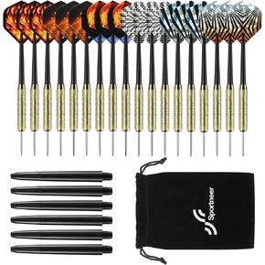 Sportneer Darts Metal Tip Dart Set: Steel Tip Darts Set Professional Darts Brass Barrels Metal Tip Darts Extra Flights Premium Darts 18 Pcs for Dartboard with 6 Free PVC Dart Rods and Carrying Bag