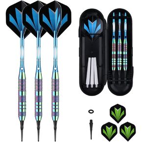 sanfeng Darts Plastic Tip Set - 18g 21g Colorful Rainbow Soft Tip Darts 50 Anti-Loose O-Rings 6 Shaft (Aluminum/Nylon 45mm) 6 Durable Flights Extra 50 Soft Tips Electronic Dartboard