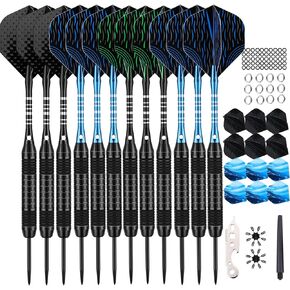12 Pack Darts Metal Tip Set 22/24 Grams, Steel Tip Darts for Dartboard with Premium Aluminum Shafts, Extra 50 Rubber O-rings 6 Nylon Shafts 24 Flights 12 Spring Rings 16 Flights Protector 1 Tool Kit