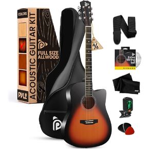 Pyle Steel String Acoustic Guitar Kit, 4/4 Full Size Cutaway All-Wood Guitarra Acustica with Premium Accessory Set and Upgraded Gig Bag, 41" Natural Glossy