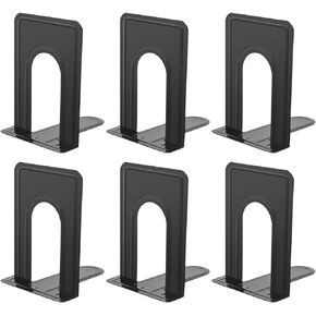 JIKIOU Book Ends Universal Premium Bookends for Shelves, Non-Skid Bookend, Heavy Duty Metal Book End, Book Stopper for Books/Movies/CDs/Video Games, 6.69 x 4.9 x 4.3 in, Black (3 Pairs/6 Pieces)