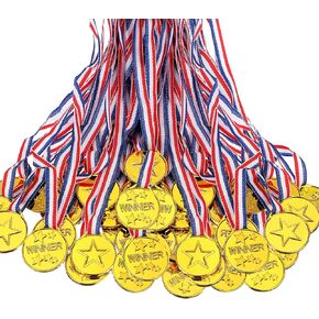 100 Pieces Kids Plastic Winner Award Medals Winner Medals Gold Silver Bronze Winner Medals for Parties, Games, Sports, Dress up and More, 1.4 x 1.7 Inches (Gold)