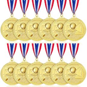 Caydo 12 Pieces Sports Medals Golden Metal Medals for Awards for Kid Adults Favors for Sports Games Party, 2 Inches (Basketball/Volleyball/Football/Baseball/Soccer)