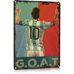 Vintage Style Lionel Messi Metal Tin Sign - G.O.A.T for Sports Bar, Garage & Wall Decor, 8"x12" Decorative for Soccer Fans.