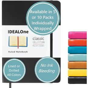دفتر ملاحظات IDEALOne غلاف كلاسيكي مبطن - العمل، المنزل، المدرسة، 5.7 × 8 بوصة، مسطرة جامعية بعرض 7 مم، 160 صفحة، ورق سميك 100 جرام في المتر المربع، شريط مطاطي، إشارة مرجعية شريطية، أسود in Kuwait
