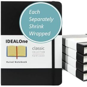 دفتر ملاحظات IDEALOne غلاف كلاسيكي مبطن - العمل، المنزل، المدرسة، 5.7 × 8 بوصة، مسطرة جامعية بعرض 7 مم، 160 صفحة، ورق سميك 100 جرام في المتر المربع، شريط مطاطي، إشارة مرجعية شريطية، أسود in Kuwait