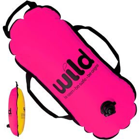 Wild Swim Buoy for Open Water Swimmers - Waterproof Tow Float Swim Bubble for Adults, Inflatable Snorkel Float Belt, Swimming Accessories (Pink & Yellow)