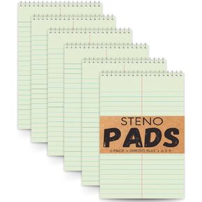 1InTheOffice Steno Pads 6x9, Steno Pads, Spiral Steno Pads, Gregg Rule, Green Tint, 6 x 9, 80 Sheets, 6/Pack