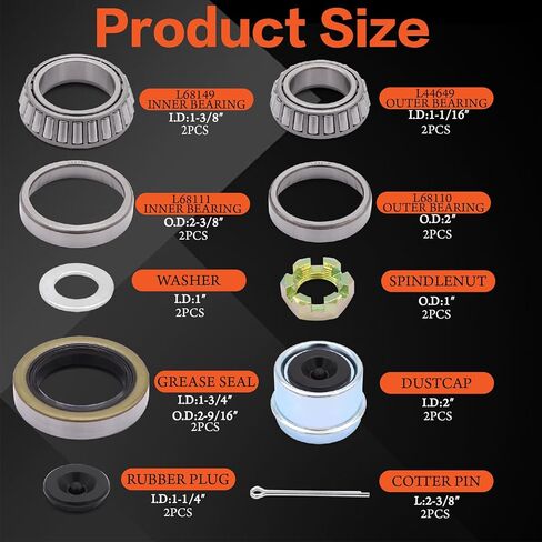 Tuijodaix L68149 L44649 3500lb قارب مقطورة محور العجلة مجموعة تحمل مع 171255 تيرابايت أختام الشحوم، دبابيس كوتر، 1.98 "أغطية الغبار، صواميل المحور وغسالات للمغزل رقم 84 (مجموعتان) in Kuwait