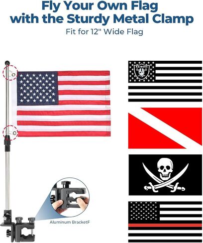 KEMIMOTO Boat American Flag Pole Kit, 360° Adjustable 12''x18'' Pontoon Boat Flag, US Flag Holder for 0.8 ''-1.35'' Round/Square Rails, 2.5ft Golf Cart Flag Pole for Boat & Golf Cart in Saudi Arabia