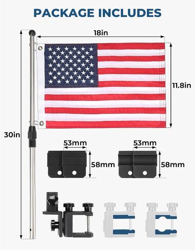 KEMIMOTO Boat American Flag Pole Kit, 360° Adjustable 12''x18'' Pontoon Boat Flag, US Flag Holder for 0.8 ''-1.35'' Round/Square Rails, 2.5ft Golf Cart Flag Pole for Boat & Golf Cart in Saudi Arabia