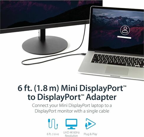 StarTech.com كابل Mini DisplayPort بطول 6 أقدام (2 متر) إلى DisplayPort 1.2 - كابل محول Mini DisplayPort إلى DisplayPort 4K x 2K UHD - كابل Mini DP إلى DP للشاشة - سلك محول mDP إلى DP (MDP2DPMM6) in Kuwait