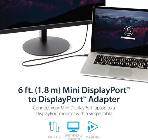 StarTech.com كابل Mini DisplayPort بطول 6 أقدام (2 متر) إلى DisplayPort 1.2 - كابل محول Mini DisplayPort إلى DisplayPort 4K x 2K UHD - كابل Mini DP إلى DP للشاشة - سلك محول mDP إلى DP (MDP2DPMM6) in Kuwait