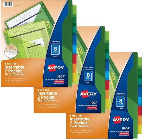 Avery Dividers for 3 Ring Binders, 8-Tab Binder Dividers, Two-Pocket Plastic Binder Dividers, Insertable Big Tabs, Multicolor, 3 Sets (71907) in Saudi Arabia