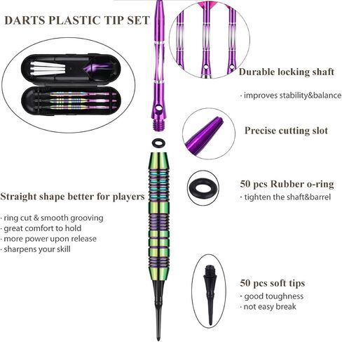 sanfeng Darts Plastic Tip Set - 18g 21g Colorful Rainbow Soft Tip Darts 50 Anti-Loose O-Rings 6 Shaft (Aluminum/Nylon 45mm) 6 Durable Flights Extra 50 Soft Tips Electronic Dartboard in Saudi Arabia