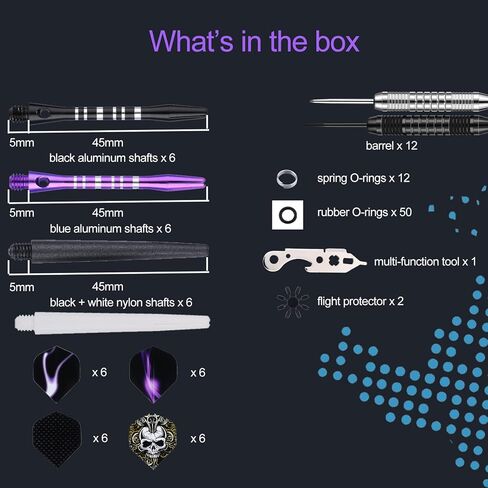 12 Pack Darts Metal Tip Set 22/24 Grams, Steel Tip Darts for Dartboard with Premium Aluminum Shafts, Extra 50 Rubber O-rings 6 Nylon Shafts 24 Flights 12 Spring Rings 16 Flights Protector 1 Tool Kit in Kuwait
