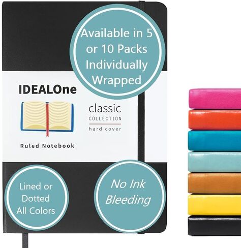 دفتر ملاحظات IDEALOne غلاف كلاسيكي مبطن - العمل، المنزل، المدرسة، 5.7 × 8 بوصة، مسطرة جامعية بعرض 7 مم، 160 صفحة، ورق سميك 100 جرام في المتر المربع، شريط مطاطي، إشارة مرجعية شريطية، أسود in Kuwait