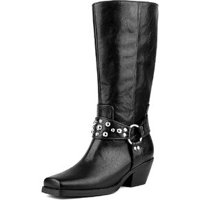 Women Mid Calf Boots Square Toe Motorcycle Boots with Side Zipper Low Chunky Heel Biker Boots