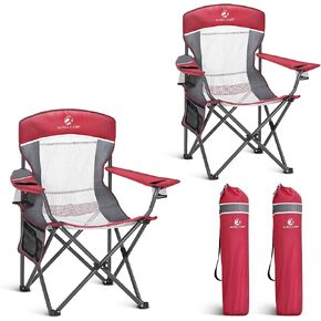 LET'S CAMP Mesh Back Camping Chair Portable Folding Heavy Duty Outdoor Chair Support 330 LBS Durable Large Arm Chair with Cup Holder and Carry Bag for Camp, Fishing, Hiking