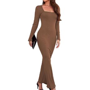 Women's 2024 Fall Dresses Square Neck Long Sleeve Ribbed Knit Elegant Evening Party Casual Bodycon Long Maxi Dress
